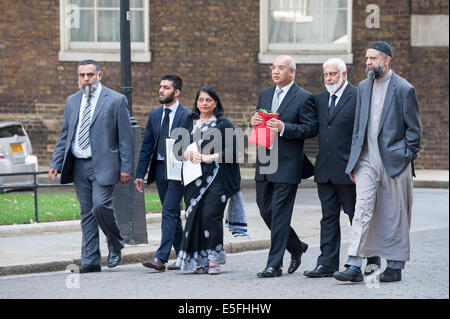 Downing Street, London, UK. 30. Juli 2014. Keith Vaz, MP für Leicester Ost zusammen mit muslimischen Führern, die hand in einem palästinensischen Frieden Flagge 10 Downing Street. Die Flagge wurde von Hunderten der Unterzeichner verurteilt Gewalt in Palästina und Unterstützung von Frieden, Freiheit und Gerechtigkeit für die palästinensischen und israelischen Menschen unterzeichnet. Im Bild: KEITH VAZ MP mit der Flagge. Bildnachweis: Lee Thomas/Alamy Live-Nachrichten Stockfoto