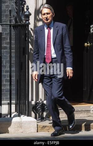 London, UK. 30. Juli 2014. Foreighn Sekretär Philip Hammond verlässt 10 Downing Street, die unter dem Vorsitz einer Sitzung des Ausschusses für COBRA, die Bedrohung für Großbritannien von dem Ausbruch des Ebola-Virus in Westafrika zu diskutieren. Bildnachweis: Paul Davey/Alamy Live-Nachrichten Stockfoto