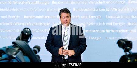 Berlin, Deutschland. 30. Juli 2014. Bundesminister für Wirtschaft Sigmar Gabriel (SPD) spricht über EU-Sanktionen gegen Russland in Berlin, Deutschland, 30. Juli 2014. Foto: Daniel Bockwoldt/Dpa/Alamy Live News Stockfoto