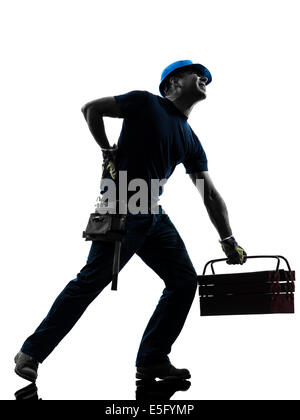 ein Arbeiter Mann Rückenschmerzen Schmerzen in der Silhouette auf weißem Hintergrund Stockfoto