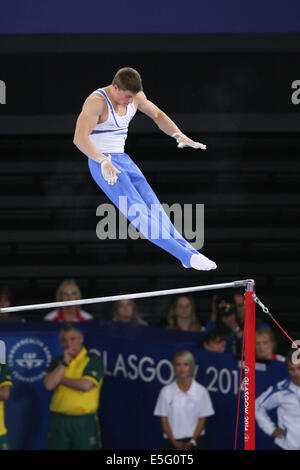 Glasgow, Schottland. 30. Juli 2014. Glasgow Commonwealth Games, Tag 7 von siehe Hydro, Gymnastik. Herren Allround-Finale. Gold nach England's Max Whitlock mit insgesamt 90.631. Silber ging an Schottlands Daniel Keatings mit einer Punktzahl von 88.298 und Bronze erhielt Englands Nil Wilson mit einer Punktzahl von 87.965. Bildnachweis: Aktion Plus Sport/Alamy Live-Nachrichten Stockfoto