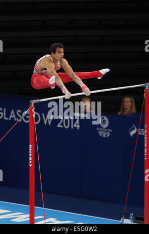 Glasgow, Schottland. 30. Juli 2014. Glasgow Commonwealth Games, Tag 7 von siehe Hydro, Gymnastik. Herren Allround-Finale. Gold nach England's Max Whitlock mit insgesamt 90.631. Silber ging an Schottlands Daniel Keatings mit einer Punktzahl von 88.298 und Bronze erhielt Englands Nil Wilson mit einer Punktzahl von 87.965. Bildnachweis: Aktion Plus Sport/Alamy Live-Nachrichten Stockfoto