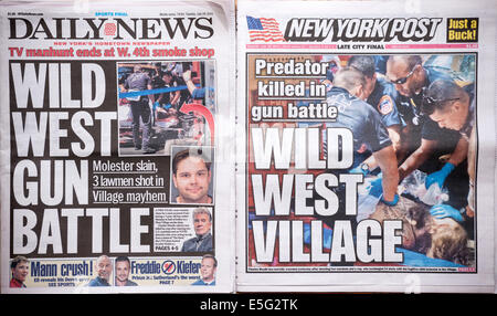 Titelseiten der New York Daily News und die Post verwenden ähnliche Terminologie zu berichten, auf die der vergangenen Tage schießen Stockfoto