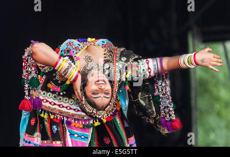 Glasgow, Schottland. 30. Juli 2014.  Frau Tänzerin aus der Musafir Gypsies von Rajasthan, Durchführung der Cobra-Tanz bei Glasgow Green Festival 2014, ein Kulturfestival, das parallel zu den Commonwealth Games in Glasgow, Schottland. Stockfoto