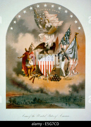 Wappen der Vereinigte Staaten von Amerika - eine aufwändige martial Allegorie der Vereinigten Staaten. Freiheit oder Columbia, eine phrygische Mütze trägt und bewaffnet mit Schwert, Schild und amerikanische Flagge, thront in den Wolken. Die Worte "E Pluribus Unum" und einen Bogen von dreizehn Sterne erscheinen über ihr. Im folgenden ein Adler sitzt auf einem Schild mit den Sternen und Streifen. In seinen Krallen hält er Pfeile und einen Olivenzweig. Auf der linken Seite steht ein Indianer mit einem Bogen in der Hand. Auf der rechten Seite ist ein Seemann mit einem Anker und vier Fahnen. 1864 Stockfoto