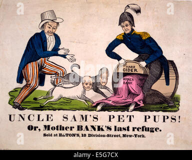 Uncle Sams Haustier Welpen! Oder Mutter Bank letzte Zuflucht - eine rohe Holzschnitt-Satire zeigt Harrison locken "Mutter-Bank," Jackson und Van Buren in ein Fass mit "Apfelwein." Jack Downing jagt Jackson und Van Buren gegenüber den Lauf als Mutter Bank kriecht hinein. Während Jackson und Van Buren versucht, die Bank der Vereinigten Staaten zu zerstören, Harrisons Wahlversprechen Kampagne gehörte zu wiederherzustellen, damit seine Bereitstellung von "Mutter-Bank" eine Zuflucht in dieser Szene. Politische Karikatur, um 1840 Stockfoto