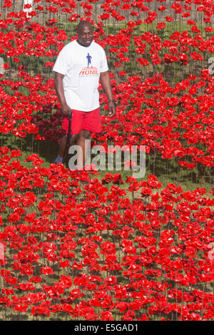 London, UK. 30. Juli 2014. Freiwillige aus 'Coming Home', Haig Housing Charity Fundraising-Kampagne betrachten die gepflanzten Blumen. Ein Feld von Keramik Mohn wird von Freiwilligen in den Wassergraben des Tower of London gepflanzt. Es wird schließlich bestehen aus 888.246 Mohn, jeweils ein britischer oder Kolonialsoldaten während des ersten Weltkrieges gefallen. Bildnachweis: Nick Savage/Alamy Live-Nachrichten Stockfoto