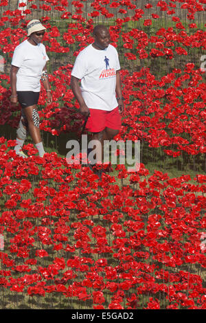 London, UK. 30. Juli 2014. Freiwillige aus 'Coming Home', Haig Housing Charity Fundraising-Kampagne betrachten die gepflanzten Blumen. Ein Feld von Keramik Mohn wird von Freiwilligen in den Wassergraben des Tower of London gepflanzt. Es wird schließlich bestehen aus 888.246 Mohn, jeweils ein britischer oder Kolonialsoldaten während des ersten Weltkrieges gefallen. Bildnachweis: Nick Savage/Alamy Live-Nachrichten Stockfoto