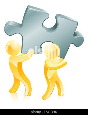 Puzzle Stück gold Menschen Abbildung der gold zu zweit-Maskottchen mit einem riesigen Puzzlestück Stockfoto