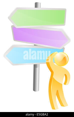 Nachdenken über Optionen Konzept, einen Mann mit Blick auf einen Wegweiser und unter Berücksichtigung seiner Optionen Stockfoto