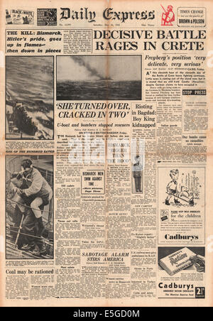 1941 daily Express Titelseite Berichterstattung der Schlacht um Kreta inkl. Foto #d der Versenkung der Bismarck Stockfoto