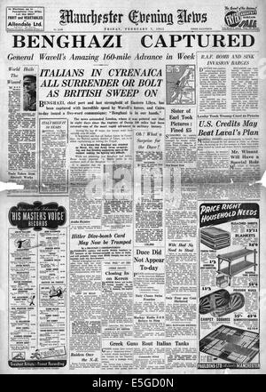 1941 Manchester Evening News Startseite Berichterstattung Erfassung von Banghazi, Libyen Stockfoto