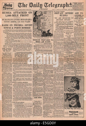 1941 daily Telegraph Titelseite Nazideutschland dringt in die Sowjetunion, Überfall auf Lenningrad Stockfoto