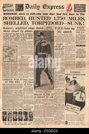 1941 daily Express Titelseite Berichterstattung britische Marine, die Versenkung des deutschen Schlachtschiffes Bismarck Stockfoto