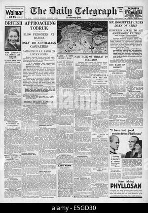 1941 daily Telegraph Front Seite Berichterstattung Tobruk und Amy Johnson Stockfoto