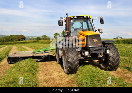 Landwirtschaftlichen Bereich mit Heu zerbrach um Hilfe trocknen mit Traktor ausgestattet mit "Heu Bob" in der Nähe von Cardigan Stockfoto