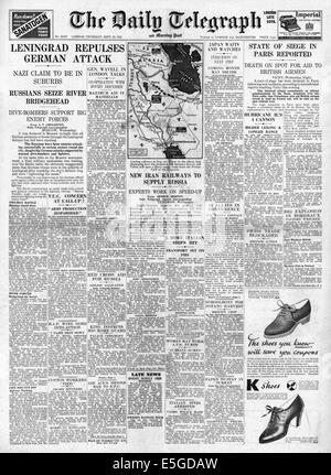 1941 daily Telegraph Titelseite Berichterstattung der Schlachtfelds für Lenningrad Stockfoto