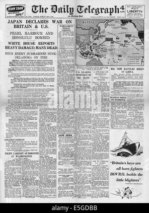 1941 der Daily Telegraph Titelseite Berichterstattung Japaner Pearl Harbor angreifen und USA und Großbritannien den Krieg zu erklären Stockfoto