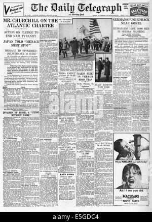 1941 der Daily Telegraph Titelseite Berichterstattung Winston Churchill und Roosevelt die Atlantik-Charta-Gespräche Stockfoto