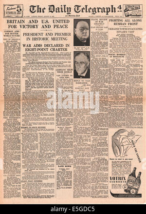 1941 der Daily Telegraph Titelseite Berichterstattung Winston Churchill und Roosevelt die Atlantik-Charta-Gespräche Stockfoto