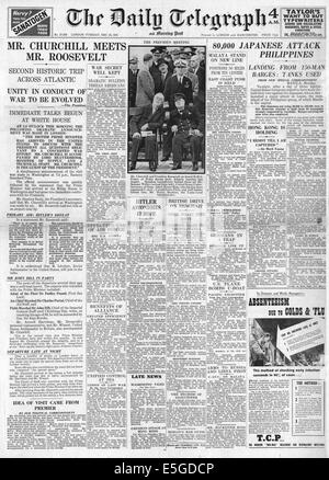 1941 the Daily Telegraph Front Seite Berichterstattung Winston Churchill Treffen mit Präsident Roosevelt in Washington, D.C. Stockfoto
