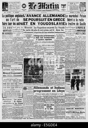 1941 dringt in le Matin (Frankreich) Titelseite Berichterstattung Deutschland Griechenland & Jugoslawien Stockfoto