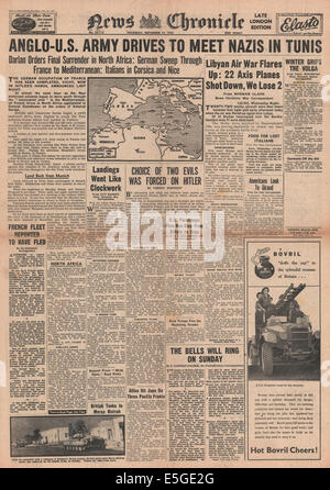 1942 News Chronicle Titelseite Berichterstattung der britischen 8. Armee und US-Armee in Algerien und Tunesien voran Stockfoto