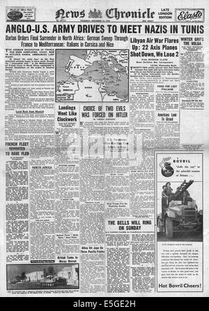 1942 News Chronicle Titelseite Berichterstattung der britischen 8. Armee und US-Armee in Algerien und Tunesien voran Stockfoto