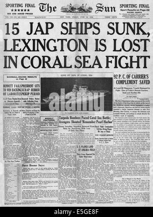 1942 der Sonne (New York) Titelseite Berichterstattung die Versenkung der USS Lexington und amerikanischen und japanischen Seestreitkräfte an Schlacht von Coral Sea Stockfoto