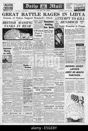 1942 daily Mail Startseite Meldung Rommels Afrika-Korps und Montgomerys 8. Armee Panzer Schlacht in Libyen/Attentat auf Reinhard Heydrich in Prag Stockfoto