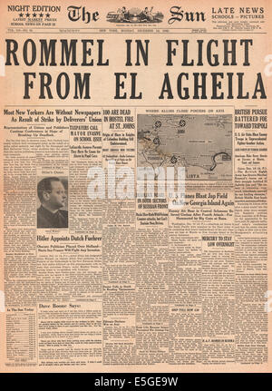 1942 der Sonne (New York) Titelseite Berichterstattung Rommel und Achse Truppen auf dem Rückzug von El Agheila, Libyen Stockfoto