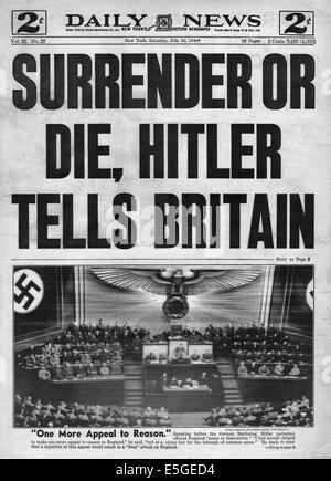 1940 daily News (New York) Adolf Hitlers Appell auf Grund Rede am Reichstag Stockfoto