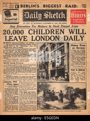 1940 daily Sketch Titelseite Berichterstattung die Evakuierung von London Kinder Stockfoto