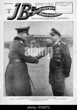 1944 Illustrierte Beobachter Titelseite zeigt Feldmarschall Rommel Gruß Luftwaffe Ritterkreuz Halter Oberstleutnant Josef Priller Stockfoto