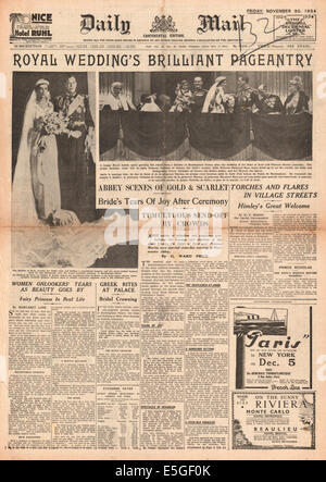 1934 Tagespost Titelseite Berichterstattung der Hochzeit von Prinz George, Herzog von Kent & Prinzessin Marina von Griechenland Stockfoto