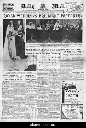 1934 Tagespost Titelseite Berichterstattung der Hochzeit von Prinz George, Herzog von Kent & Prinzessin Marina von Griechenland Stockfoto