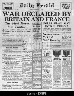 1939 daily Herald Titelseite Berichterstattung die Kriegserklärung an Deutschland von Großbritannien und Frankreich Stockfoto