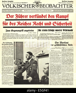 1939 Volkischer Beobachter (Deutschland) Titelseite Berichterstattung Hitlers Reichstag Rede für des Reichs Recht und Sicherheit Stockfoto