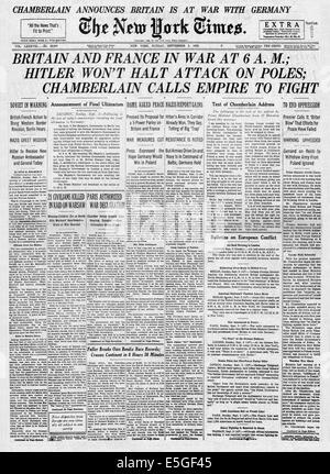 1939 New York Times (USA) Titelseite Berichterstattung die Kriegserklärung an Deutschland von Großbritannien und Frankreich Stockfoto