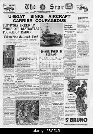 1939 der Sterne (London) Titelseite Berichterstattung der Untergang der britischen Flugzeugträger HMS Courageous Stockfoto