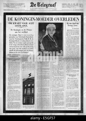 1934 de Telegraaf (Niederlande) Front Seite Berichterstattung Tod der Königin-Mutter des niederländischen Königshauses, Emma von Waldeck und Pyrmont Stockfoto