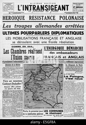 1939 L'intransigeant (Frankreich) Front Seite Berichterstattung polnischen Widerstand gegen deutsche invasion Stockfoto