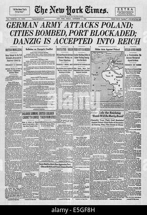 1939 New York Times (USA) Titelseite Berichterstattung dem Überfall auf Polen durch Nazi-Deutschland Stockfoto