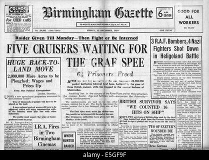 1939 Birmingham Zeitung Titelseite Berichterstattung deutschen Panzerschiff Admiral Graf Spee versenkt Stockfoto