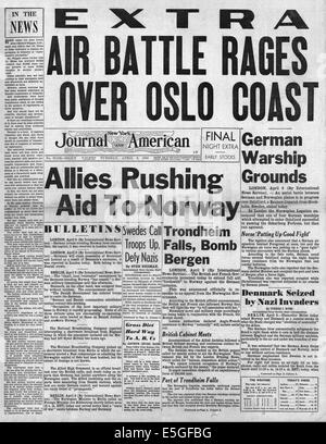 1940 New York Journal-American Titelseite Berichterstattung Deutschland dringt in Norwegen und Dänemark Stockfoto