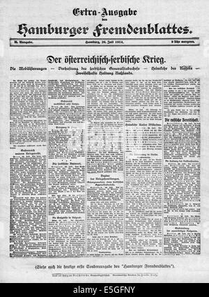 1914 Hamburger Fremdenblatt Titelseite Berichterstattung die Mobilisierung von Österreich für den Krieg gegen Serbien Stockfoto