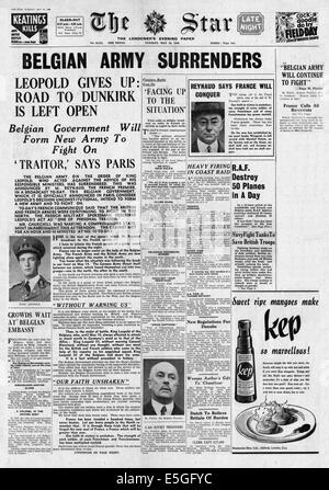 1940 der Sterne (London) Titelseite Wehrmacht Belgien und König Leopold Kapitulation unterstellt Stockfoto