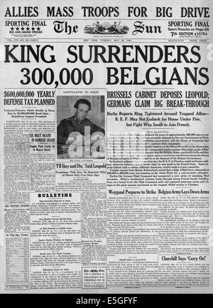 1940 der Sonne (New York) Titelseite Wehrmacht Belgien und König Leopold Kapitulation unterstellt Stockfoto