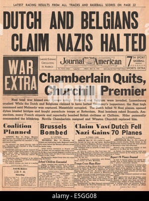 1940, New York Journal amerikanischen Titelseite berichtet Neville Chamberlain tritt zurück und Winston Churchill ist neuer britischer Premierminister Stockfoto