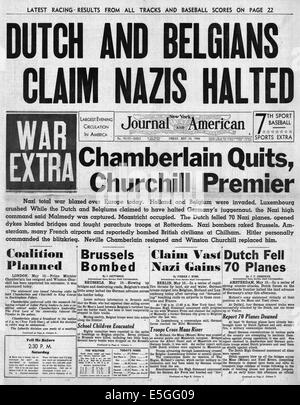 1940, New York Journal amerikanischen Titelseite berichtet Neville Chamberlain tritt zurück und Winston Churchill ist neuer britischer Premierminister Stockfoto